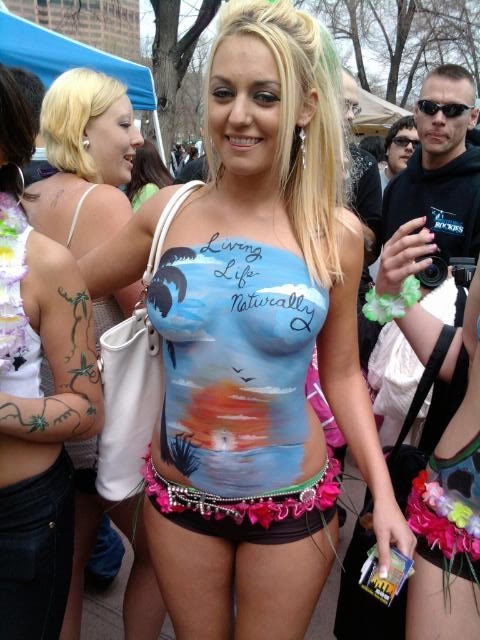 happy and gorgeous babe in body paint loving 420 at CU Boulder